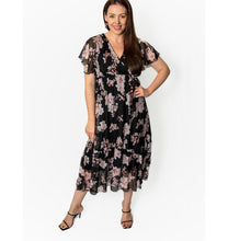 Load image into Gallery viewer, Hally Silk Floral Midi Dress with Frill
